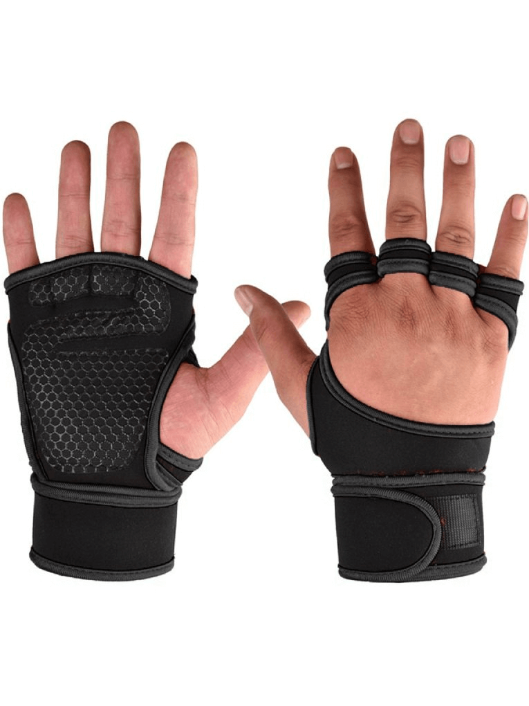 Non-slip elastic training gloves protecting palms, ideal for weightlifting and cycling. Unisex design ensures comfort and safety.